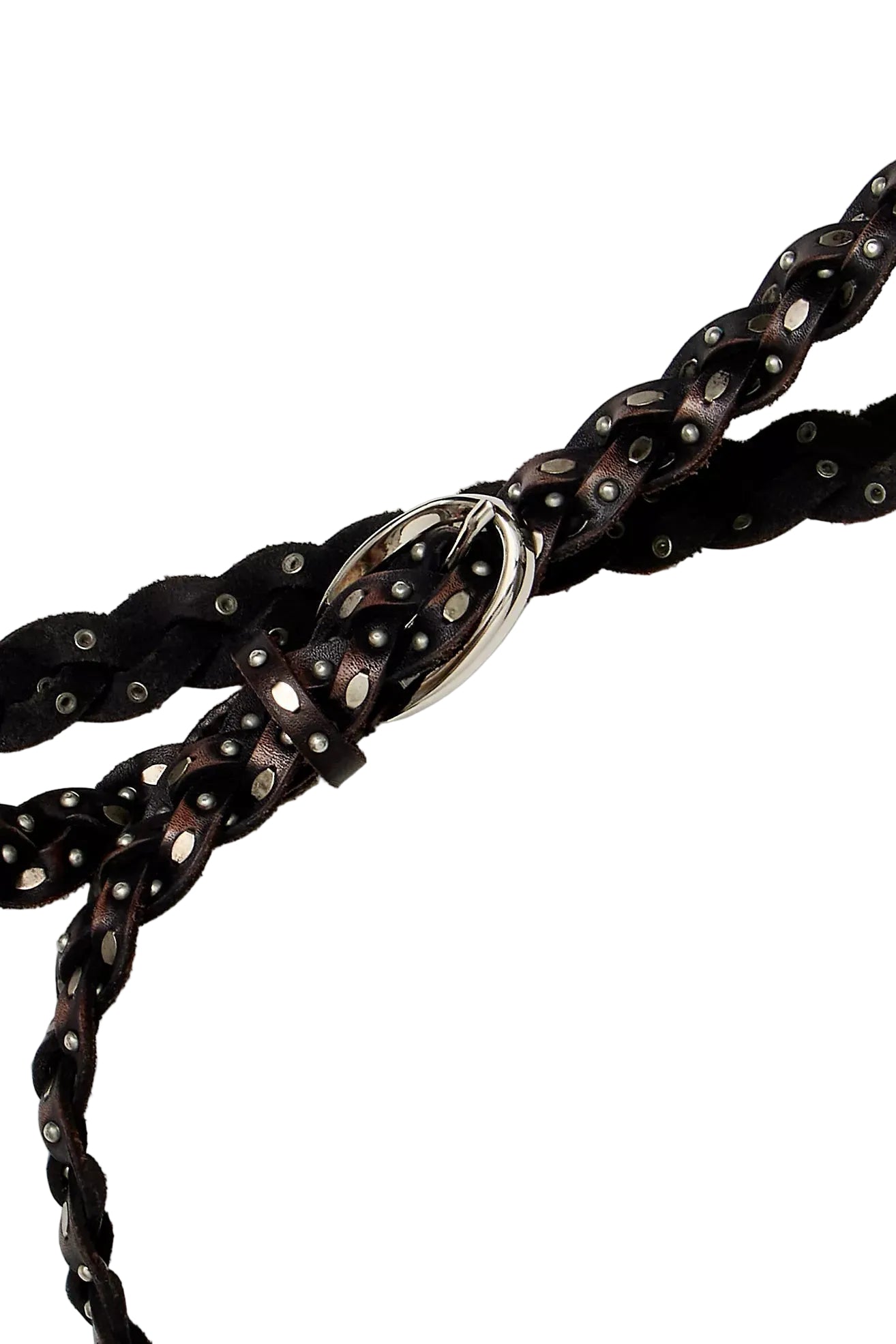 Trestles Clothing Company brown braided leather belt featuring silver metal studs and a polished buckle